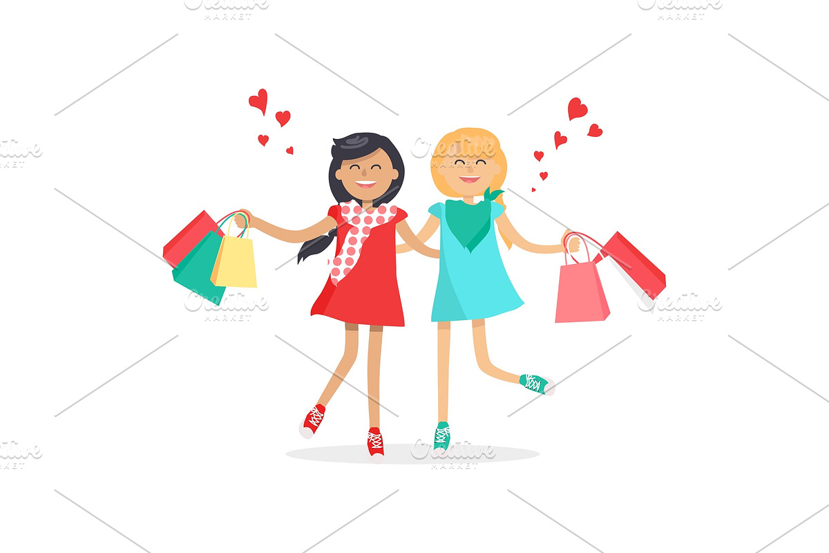 Happy Girls with Shopping Bags in Illustrations - product preview 8