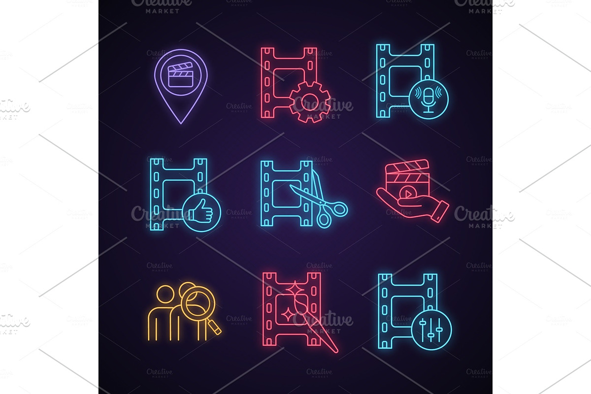 Film industry neon light icons set in Neon Icons - product preview 8