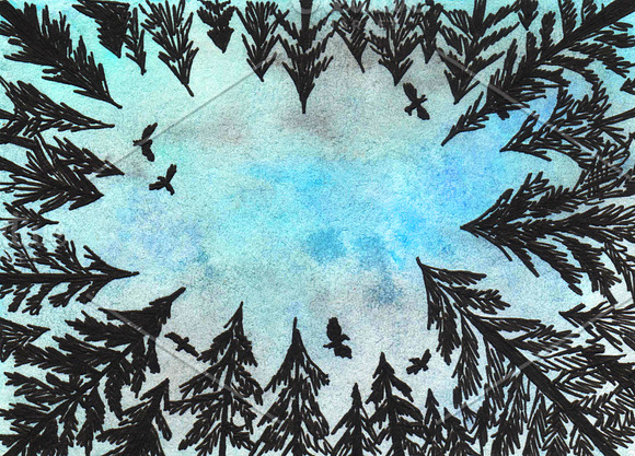 Watercolor sky and forest trees in Illustrations - product preview 2