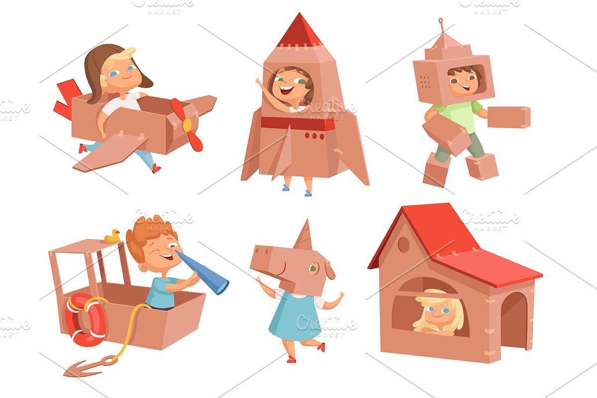 Cardboard kids playing. Childrens in Graphics - product preview 8