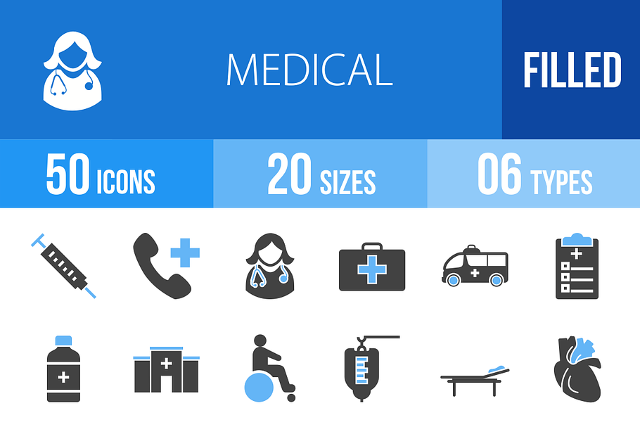 50 Medical Blue & Black Icons