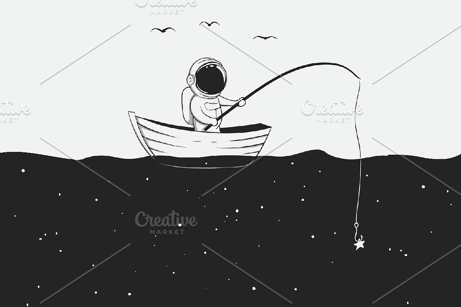cosmonaut is fishing in the space se in Illustrations - product preview 8