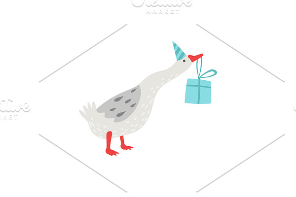White Goose Holding Gift Box in Its