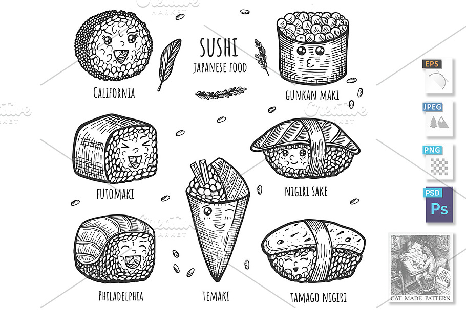 Set of tasty kawaii japanese food