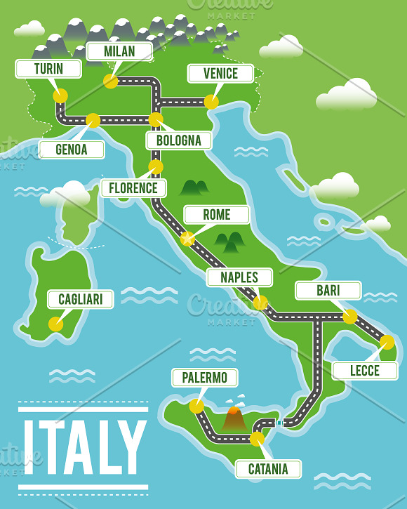 Illustrated map of Italy in Illustrations - product preview 1