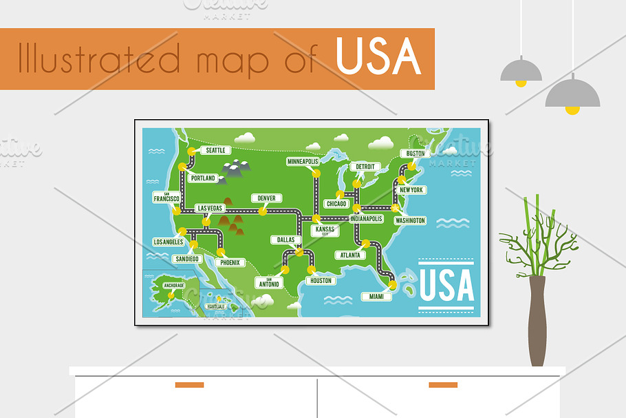 Illustrated map of USA in Illustrations - product preview 8