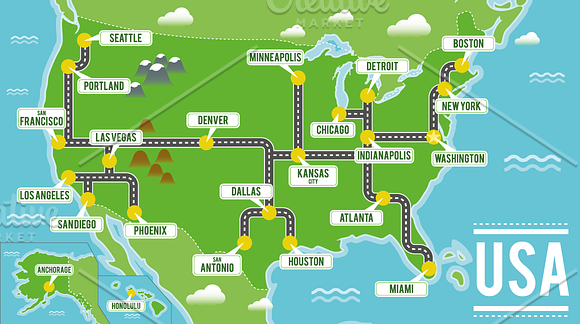 Illustrated map of USA in Illustrations - product preview 1