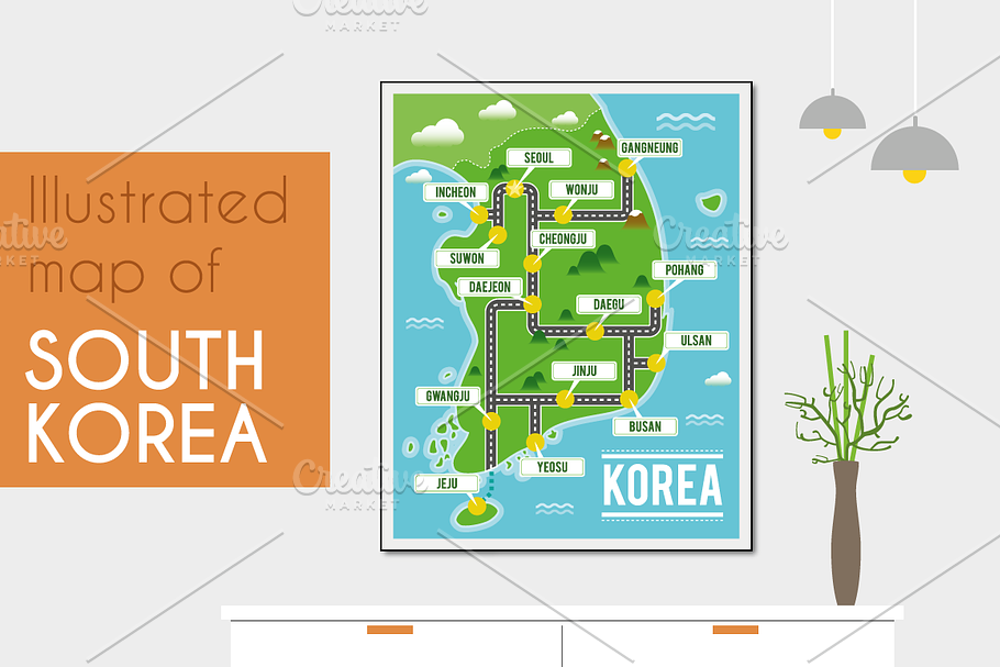 Illustrated map of South Korea in Illustrations - product preview 8
