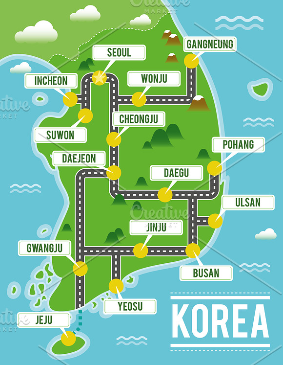 Illustrated map of South Korea in Illustrations - product preview 1