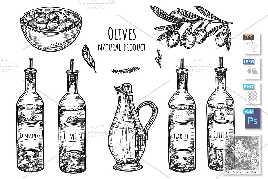 Olives fruit and oil bottle set in Illustrations - product preview 8