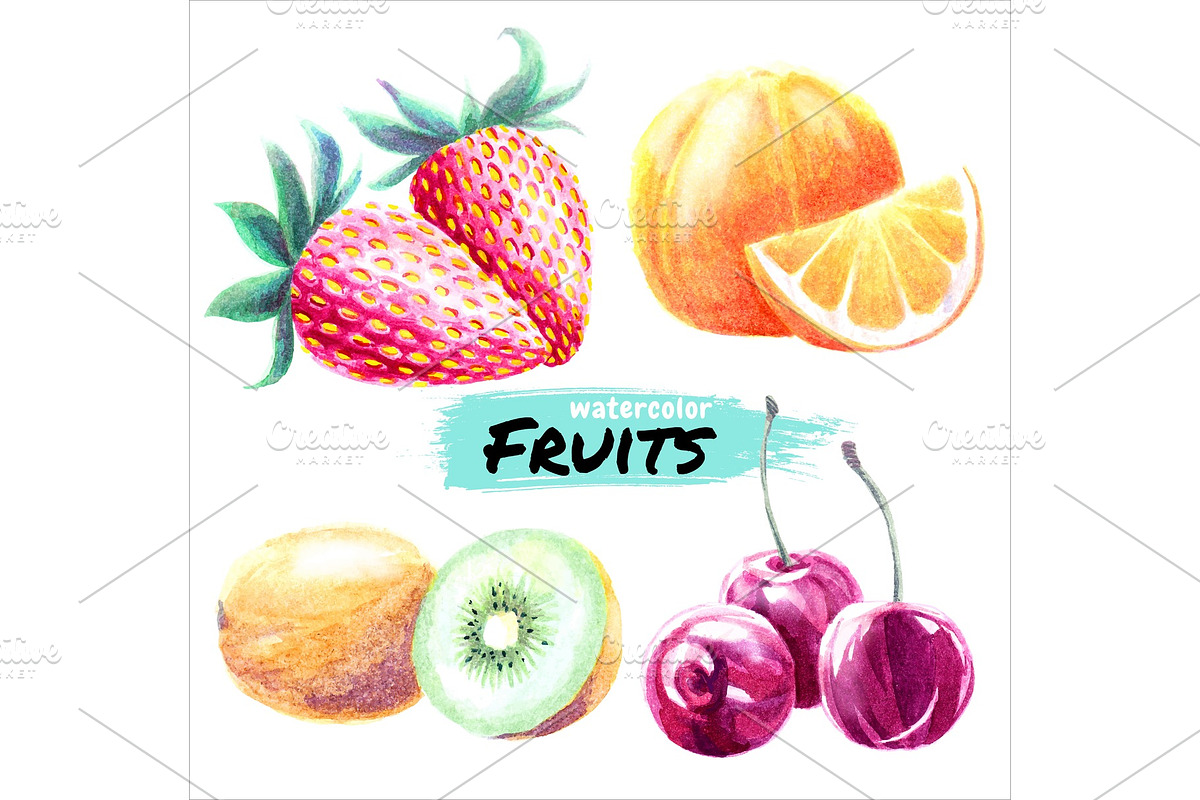 Watercolor fruits Cherry, Kiwi in Illustrations - product preview 8