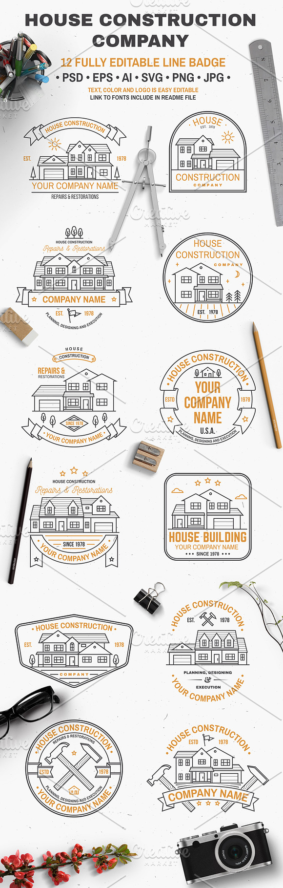 House Construction line badge in Logo Templates - product preview 1