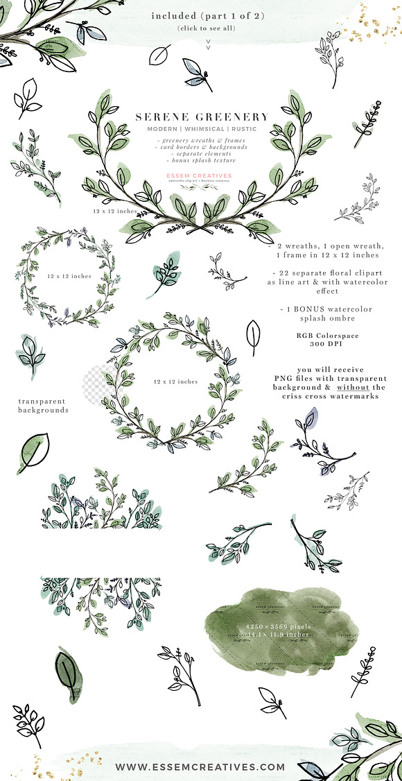 Serene Greenery Watercolor Clipart in Illustrations - product preview 3