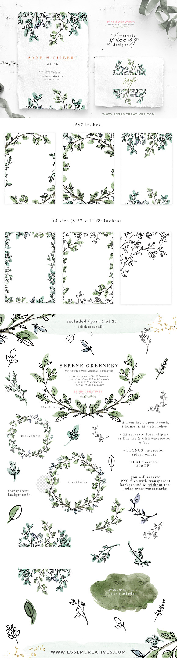 Serene Greenery Watercolor Clipart in Illustrations - product preview 6