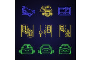 Autonomous car neon light icons set