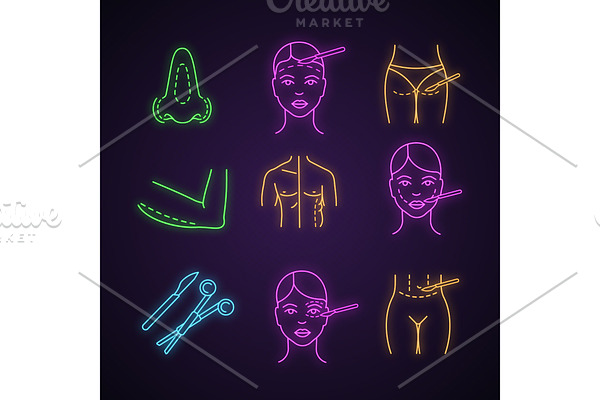 Plastic surgery neon light icons set