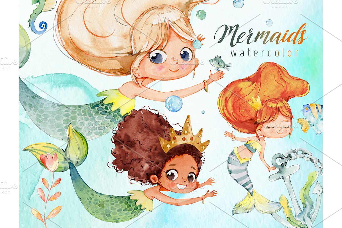 Watercolor Mermaids, Mermaids PNG in Illustrations - product preview 8