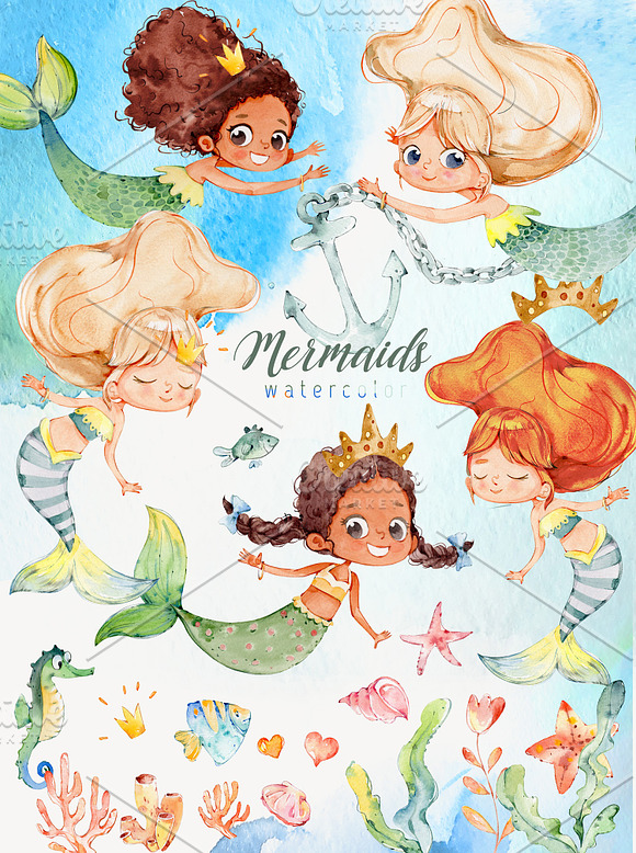 Watercolor Mermaids, Mermaids PNG in Illustrations - product preview 4