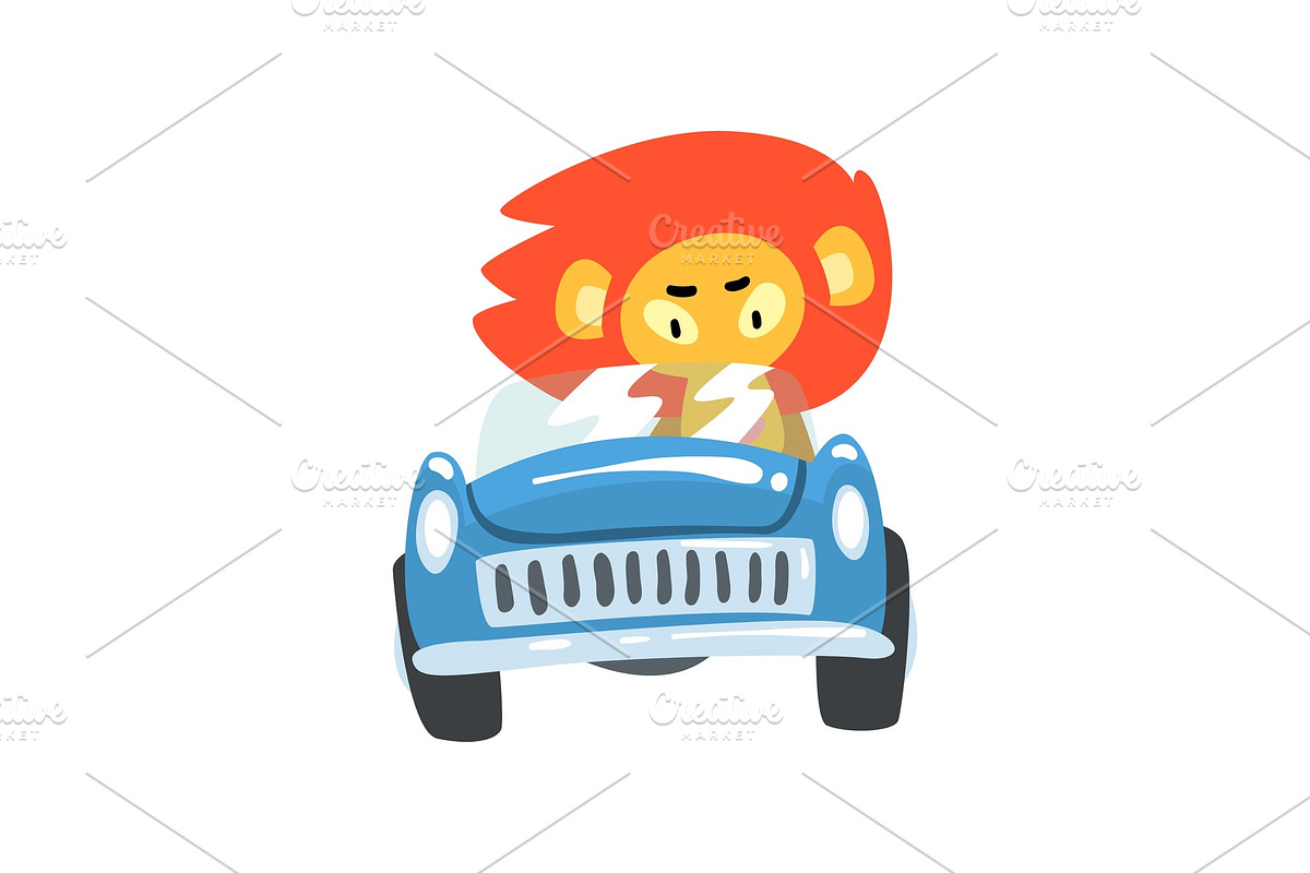 Lion Driving Blue Car, Wild Animal in Illustrations - product preview 8