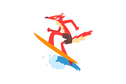 Fox Surfer Character Catching Ocean