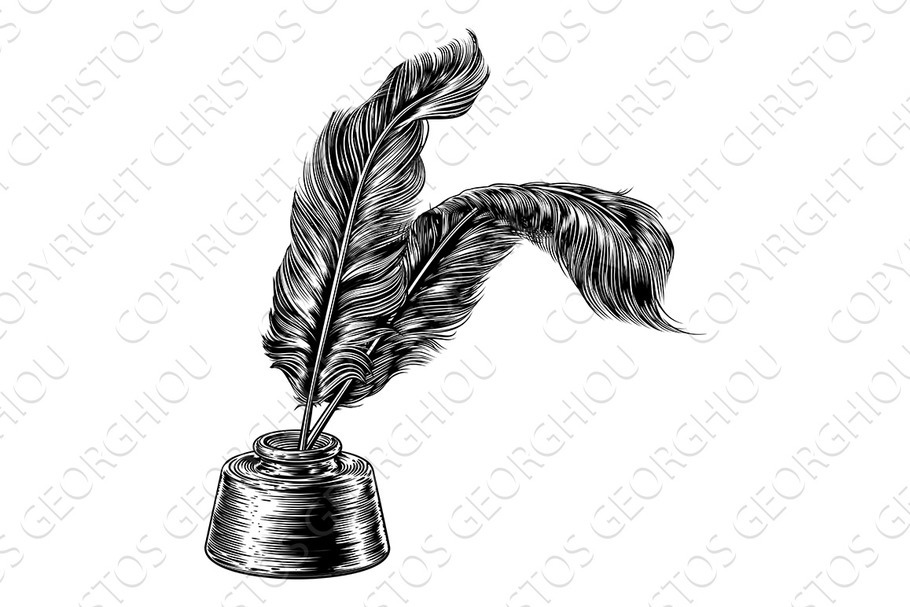 Quill Feather Pens and Inkwell in Textures - product preview 8