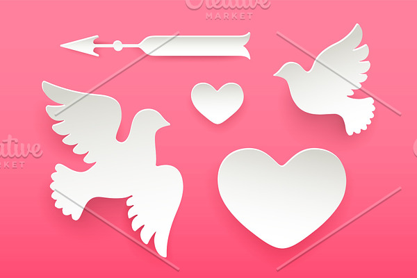 Set of paper objects, heart, pigeon