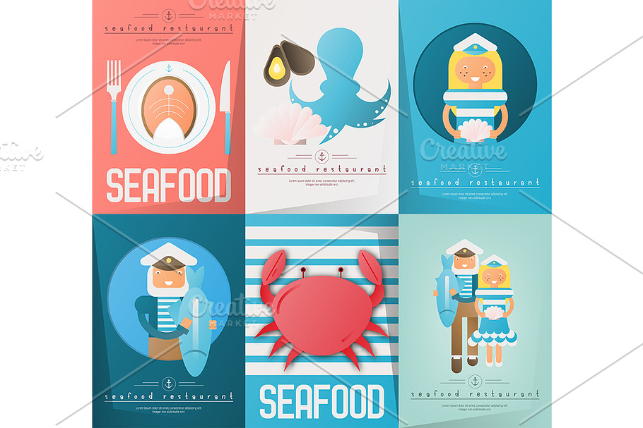 Seafood Restaurant Posters Set