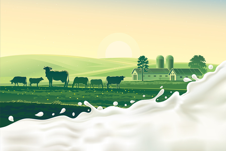 Rural landscape with splash milk