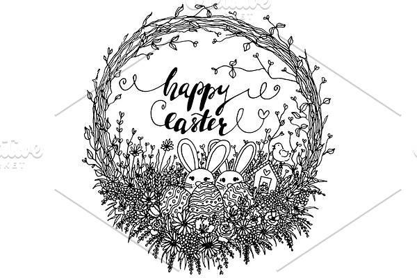 Vector Happy Easter Wreath Line Art