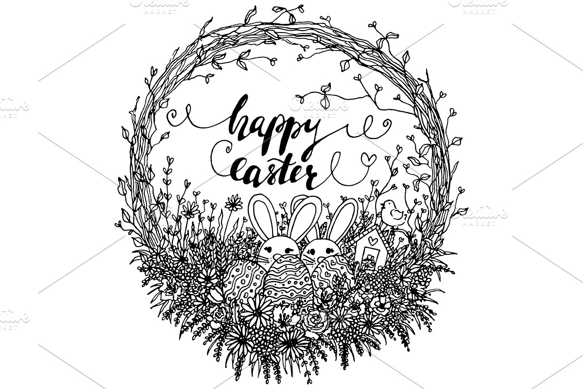 Vector Happy Easter Wreath Line Art in Illustrations - product preview 8