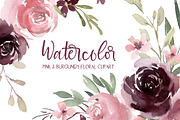 Watercolor Burgundy & Pink Flowers