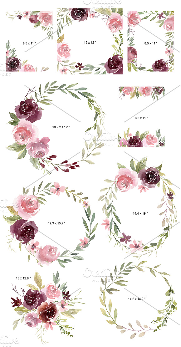 Watercolor Burgundy & Pink Flowers in Illustrations - product preview 2