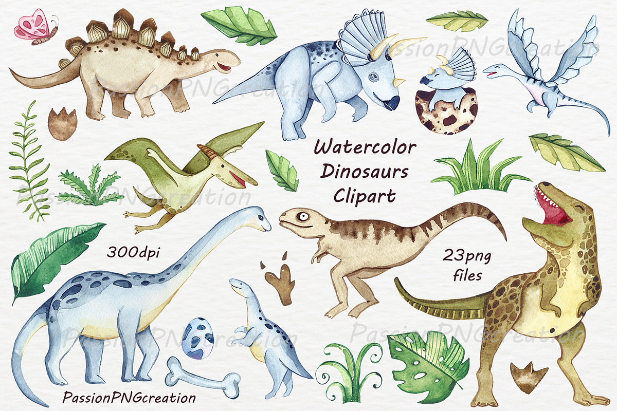 Watercolor Dinosaurs Clipart in Illustrations - product preview 8