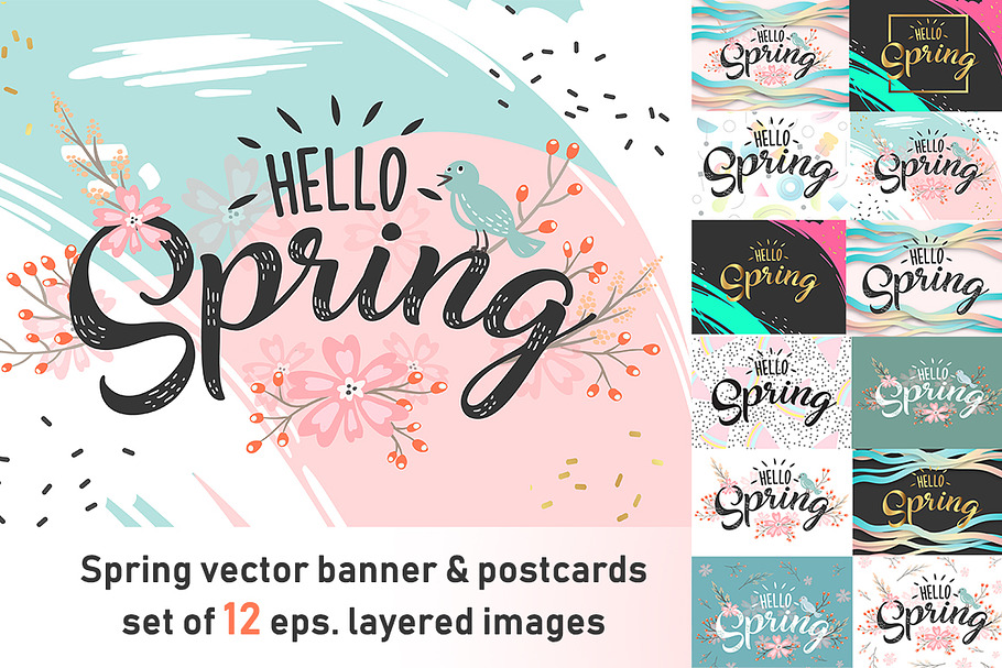 Hello Spring banner postcard set