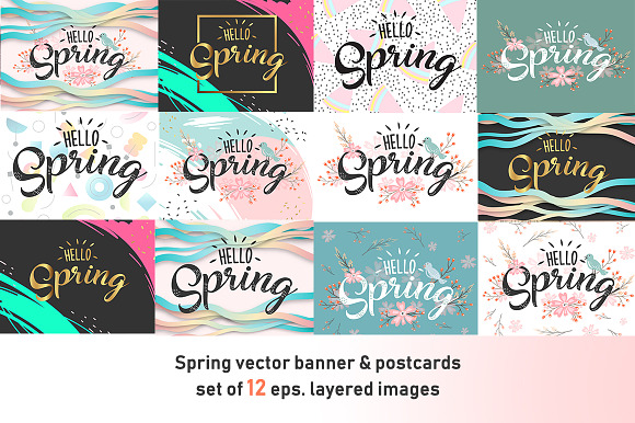 Hello Spring banner postcard set in Illustrations - product preview 1