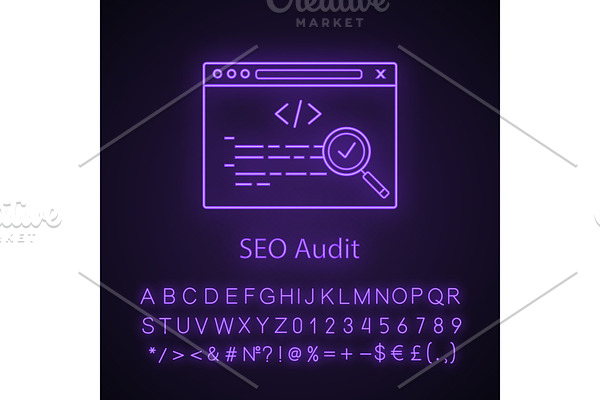 SEO audit neon light icon