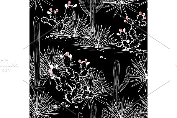 Hand drawn cactuses seamless pattern