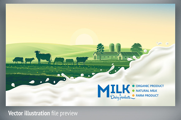 Rural landscape with splash milk in Illustrations - product preview 6