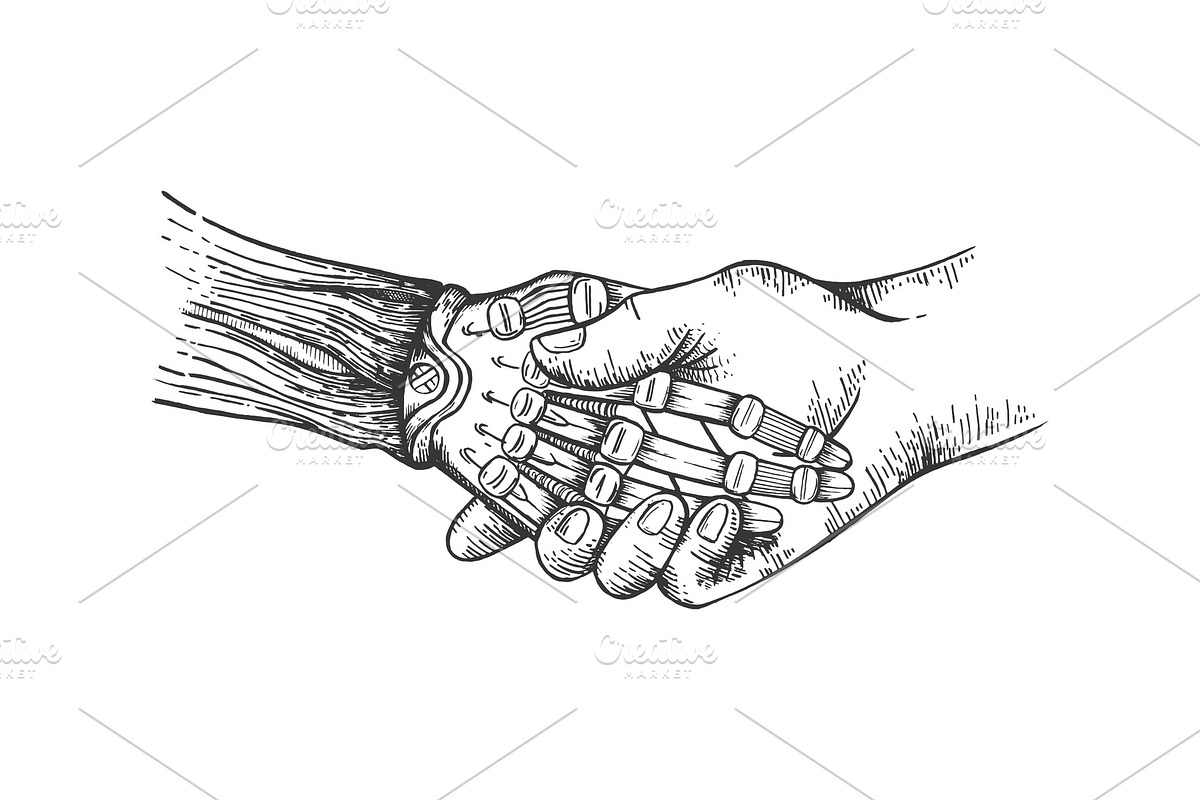 Robot handshake sketch engraving in Illustrations - product preview 8