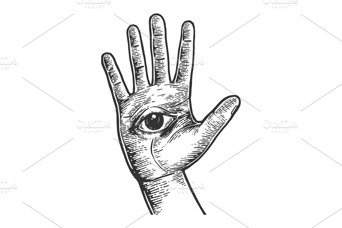 Eye on human palm sketch engraving in Illustrations - product preview 8