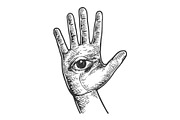 Eye on human palm sketch engraving