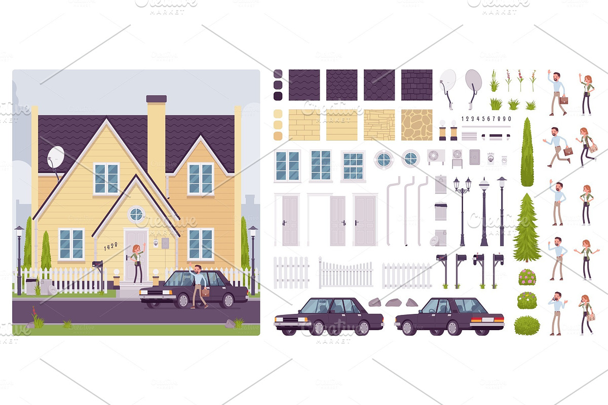 Suburban house creation set in Illustrations - product preview 8