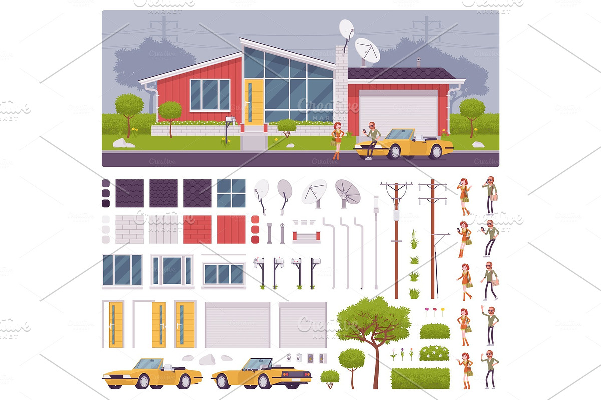 Modern suburban house creation set in Illustrations - product preview 8