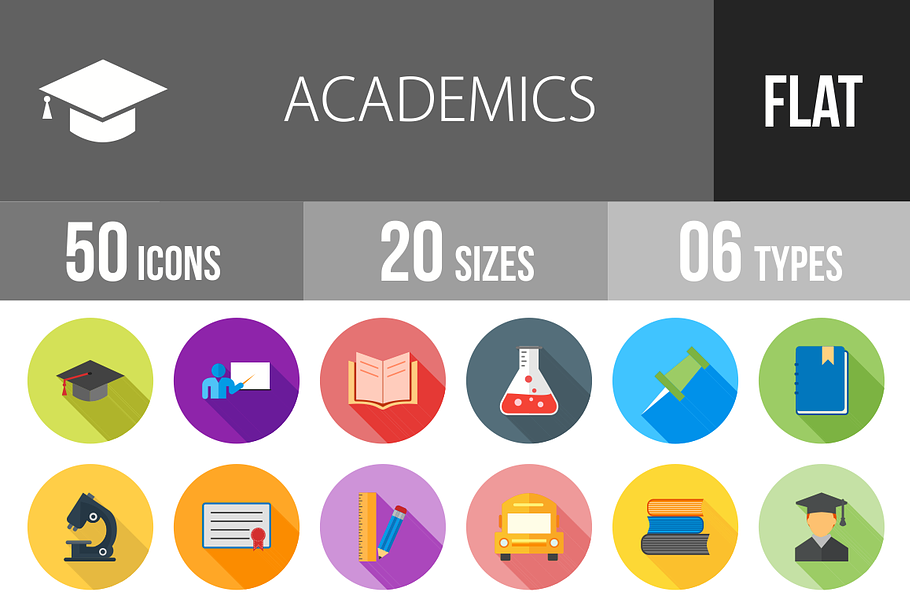 50 Academics Flat Shadowed Icons