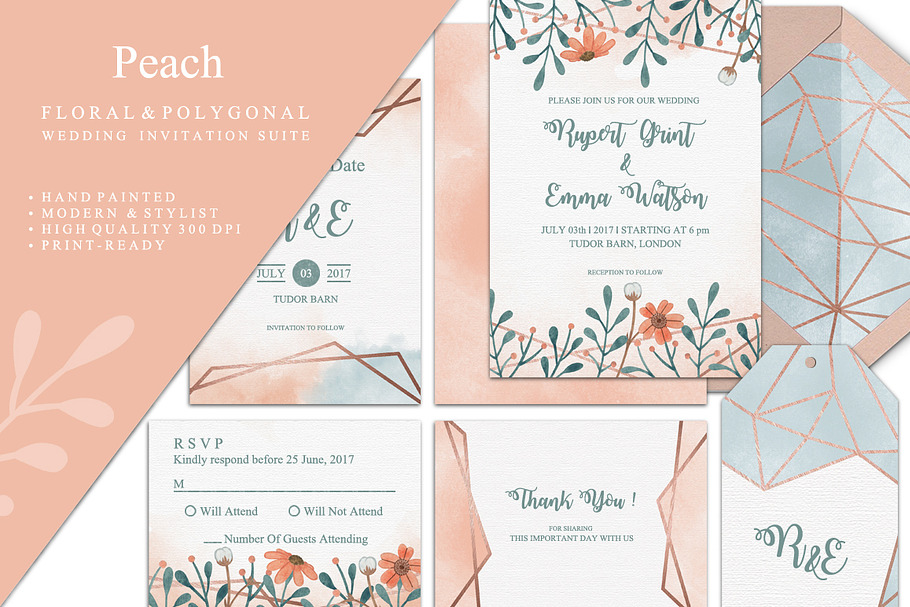 Peach Wedding Invitation Suite in Wedding Templates - product preview 8