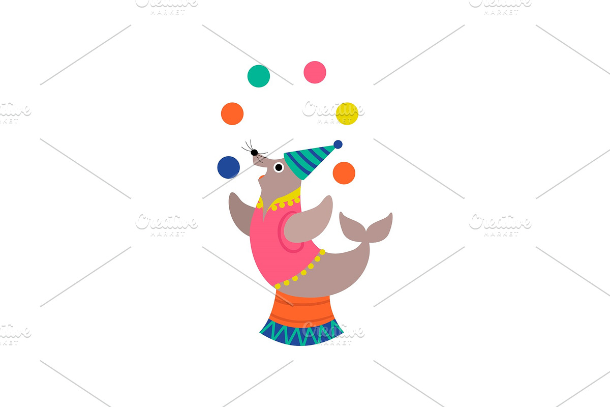 Cute Seal Juggling Balls on Stage in Illustrations - product preview 8