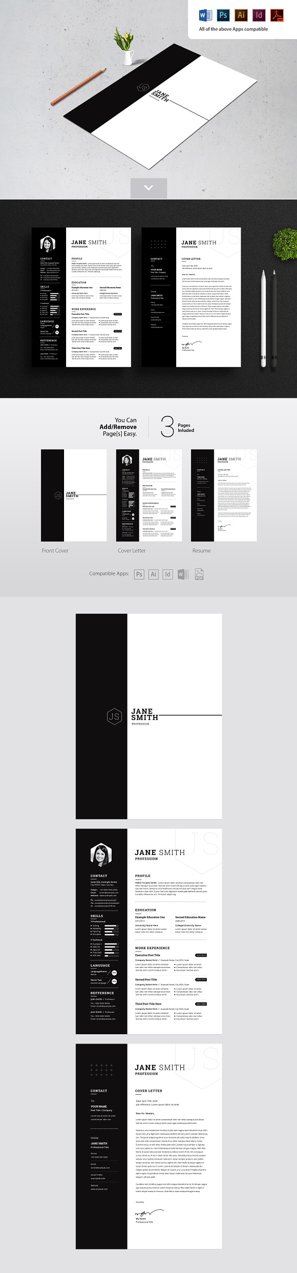 Black White Minimal Resume / CV in Resume Templates - product preview 1