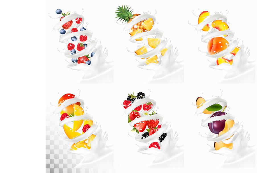 Big collection of fruit in a milk. in Illustrations - product preview 8