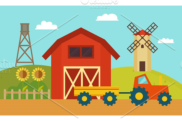 Farm with Windmill and Tractor