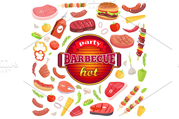 Party Barbecue Hot Icons Set Vector